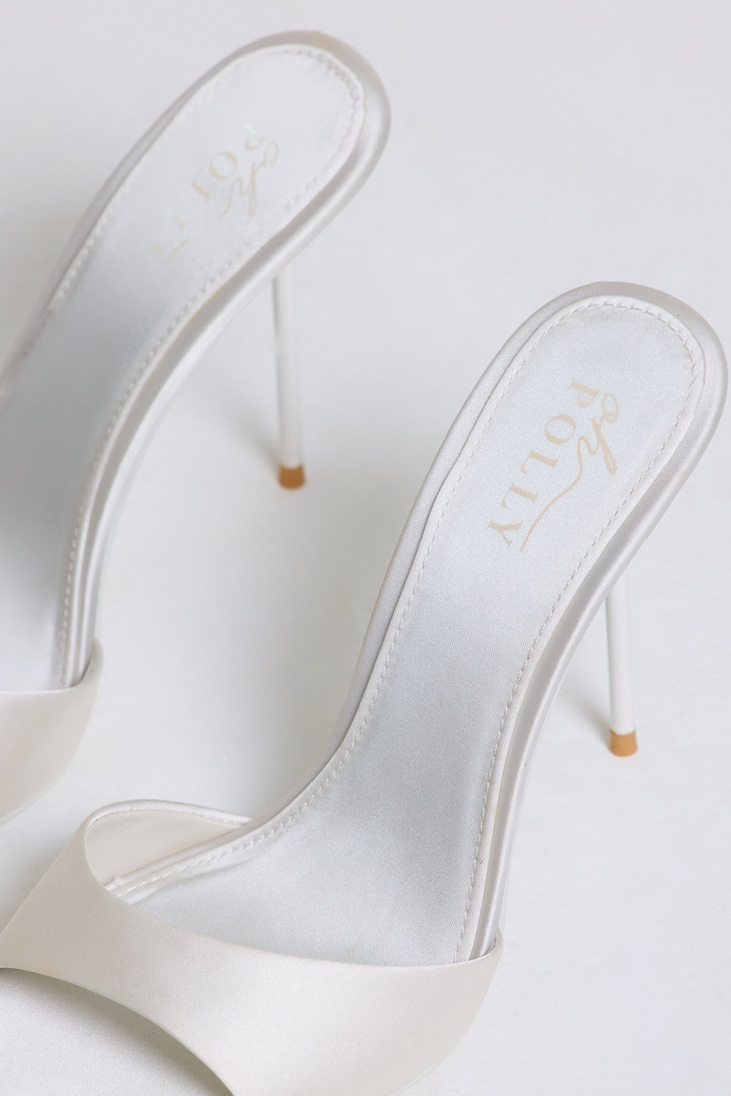 Satin Heeled Mule Sandal in Pearl White