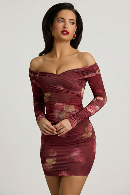 Off-Shoulder Ruched Bodycon Mini Dress in Maroon Floral Print