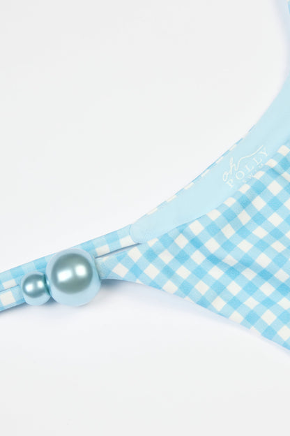 Side-Tie Thong Bikini Bottoms  in Blue Gingham Print